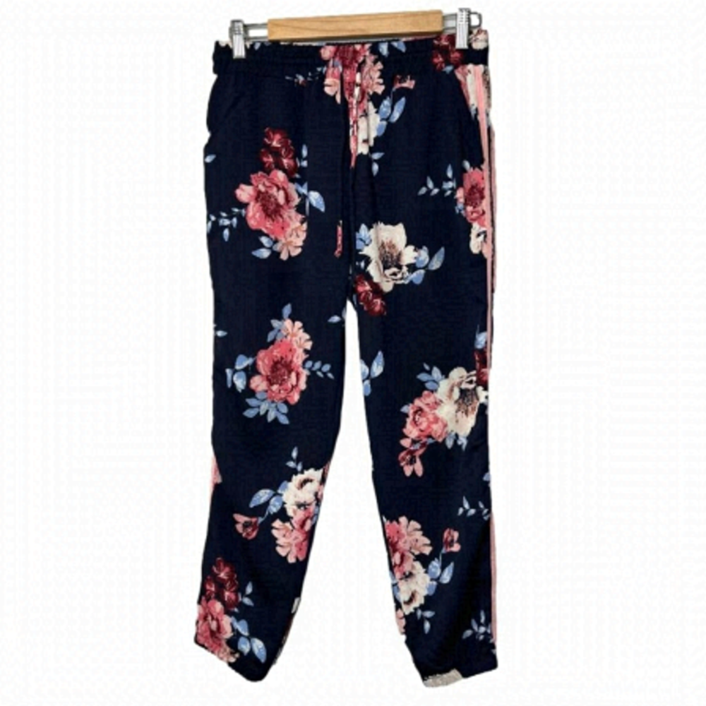 About a Girl Womens Size Small Blue Floral Jogger Pants Pull On Pink Casual